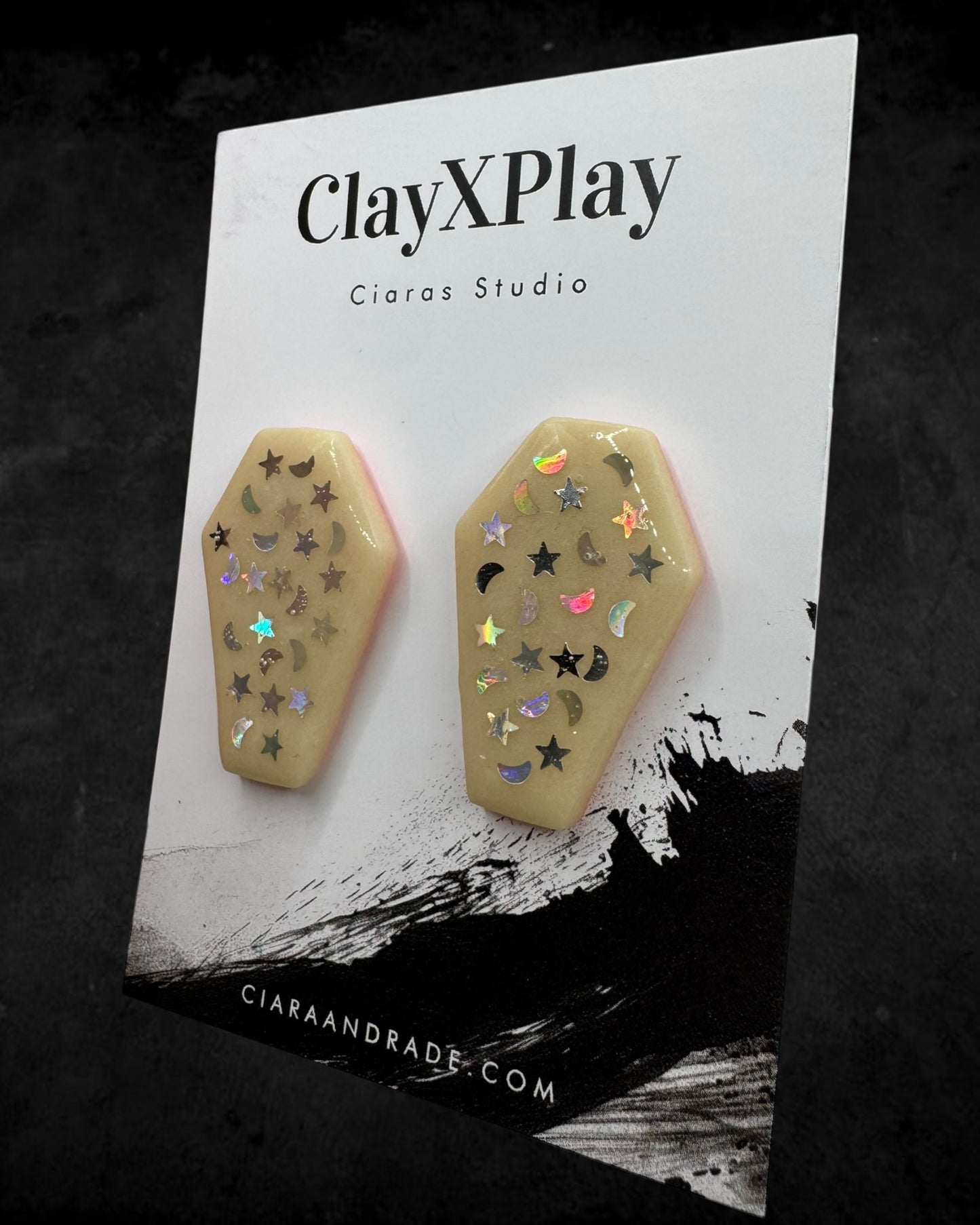 Coffin Glow In The Dark Starry Night Yellow Polymer Clay Stud Earrings Handmade