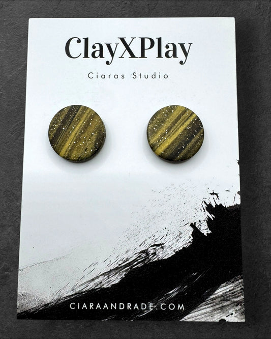 Gold & Black Striped Glitter Medium Polymer Clay Round Stud Earrings