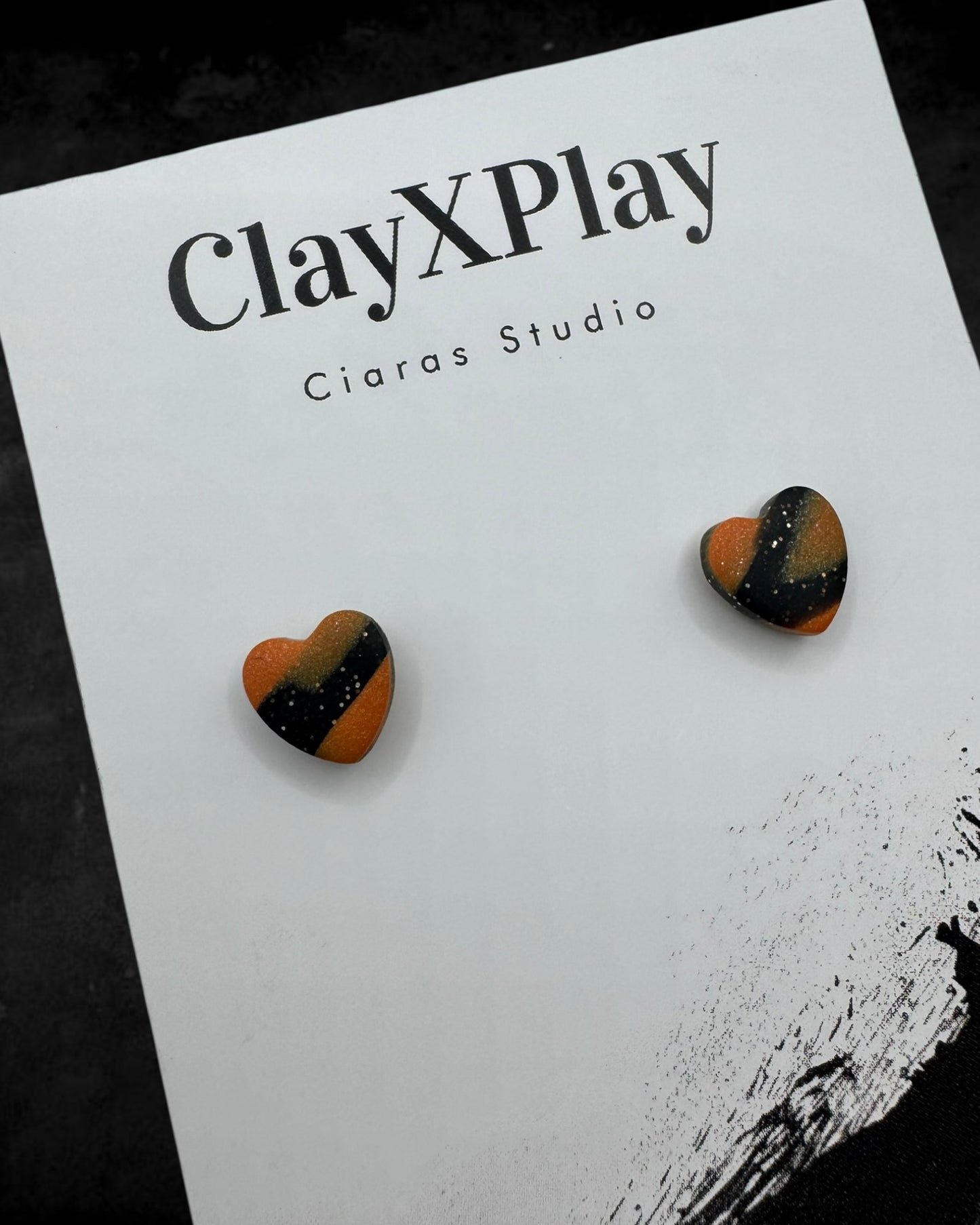 Orange & Black Mini Heart Polymer Clay Stud Earrings Handmade