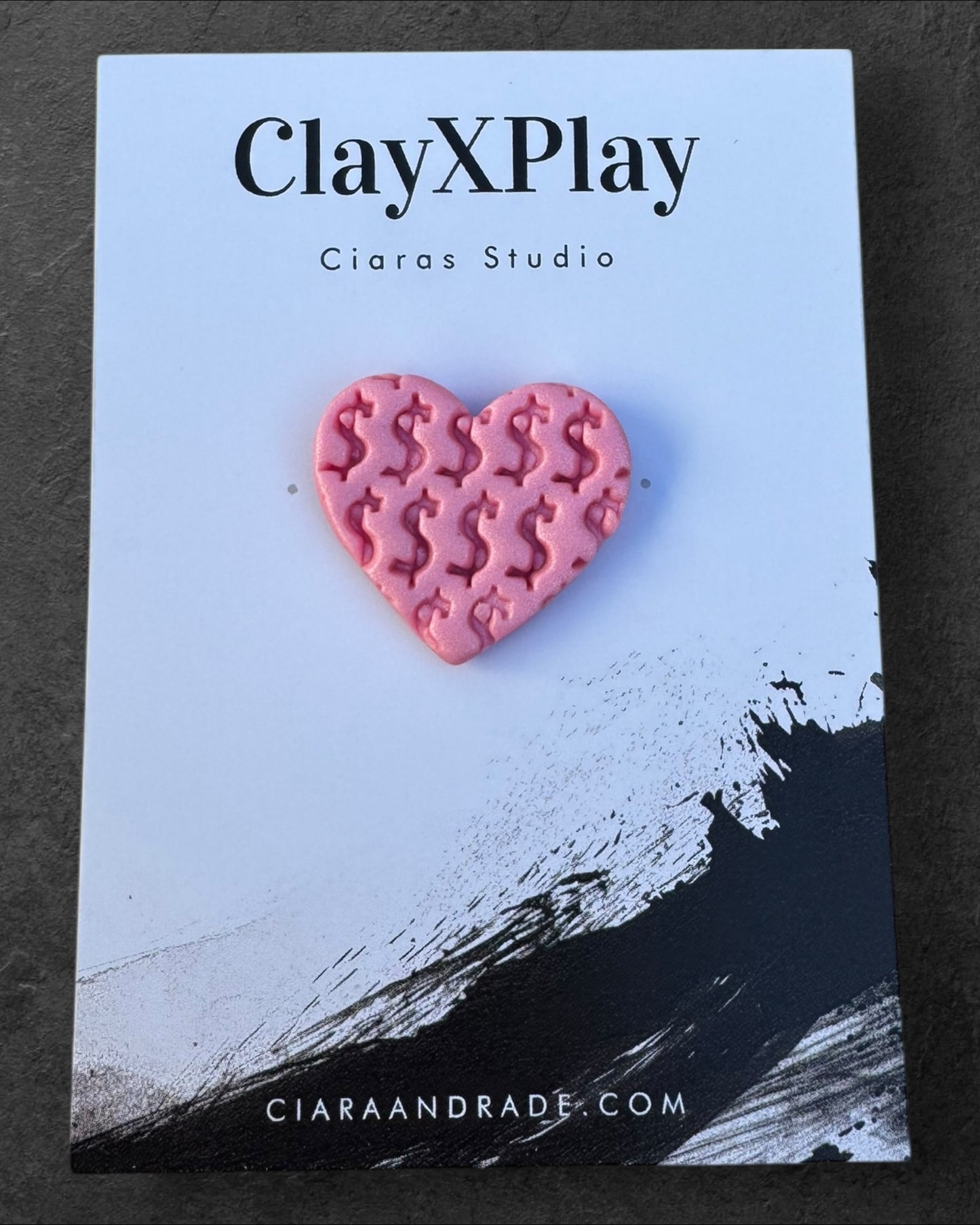 Money Magic Pink Polymer Clay Heart Pin Large Handmade