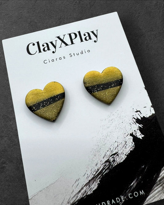 Black & Gold Polymer Clay Heart Stud Earrings Medium Handmade