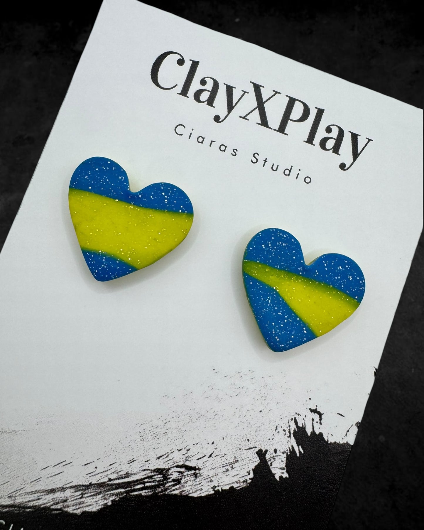 Blue & Yellow Medium Polymer Clay Heart Studs Handmade
