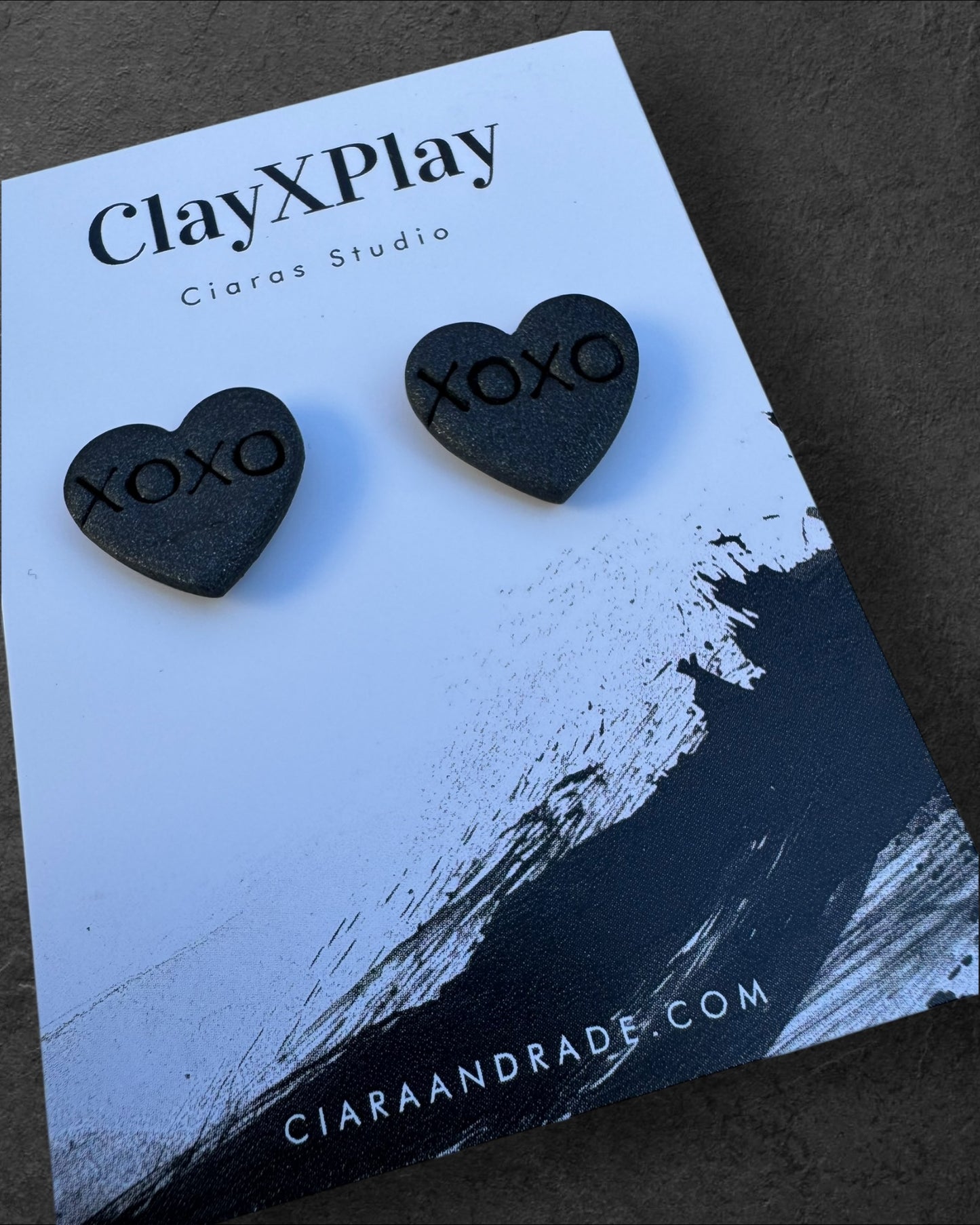 Conversation Heart XOXO Valentine’s Day, Medium Black Polymer Clay Stud Earrings Handmade