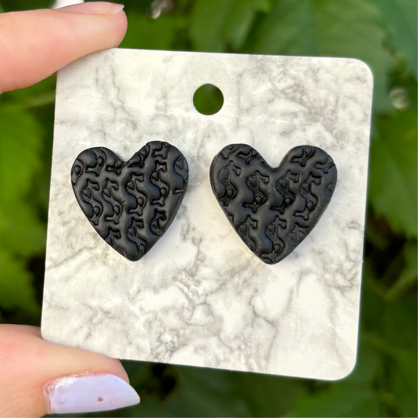 Money Magic Medium Black Polymer Clay Heart Stud Earrings Handmade