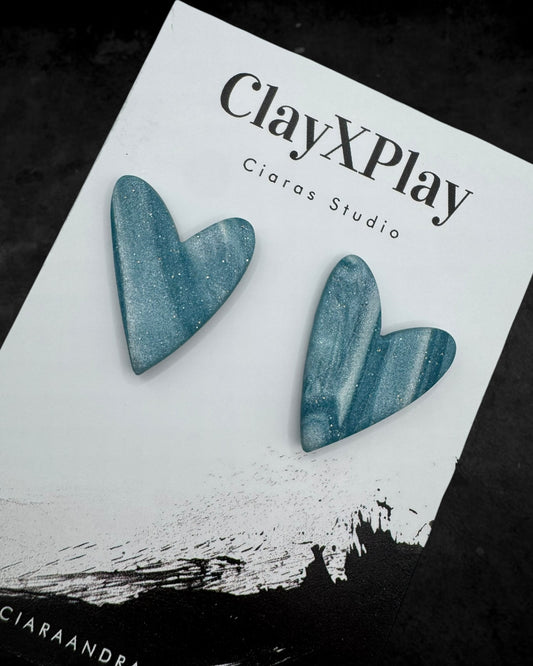 Blue & White Polymer Clay Heart Stud Earrings Handmade