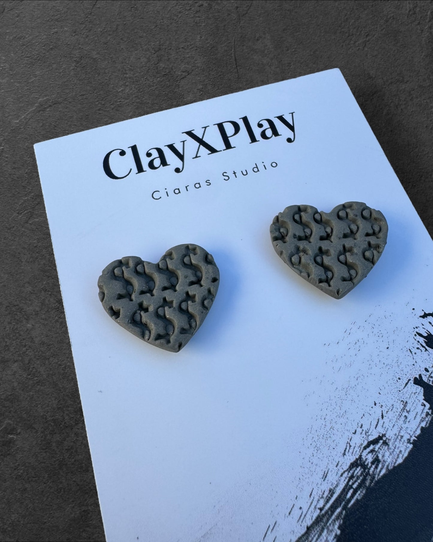 Money Magic Gray Medium Polymer Clay Heart Stud Earrings Handmade