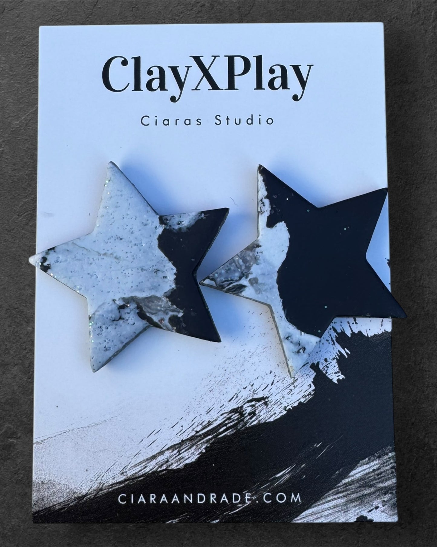 Black & White Marbled Star Polymer Clay XL Stud Earrings Handmade
