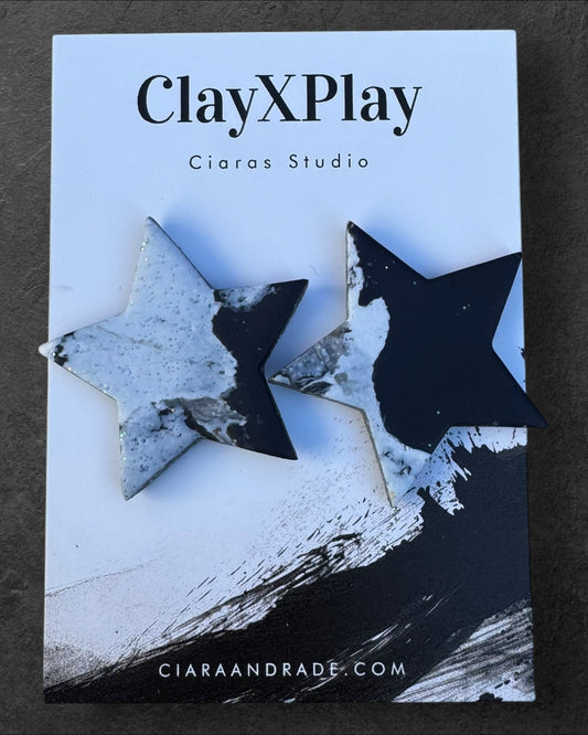 Black & White Marbled Star Polymer Clay XL Stud Earrings Handmade