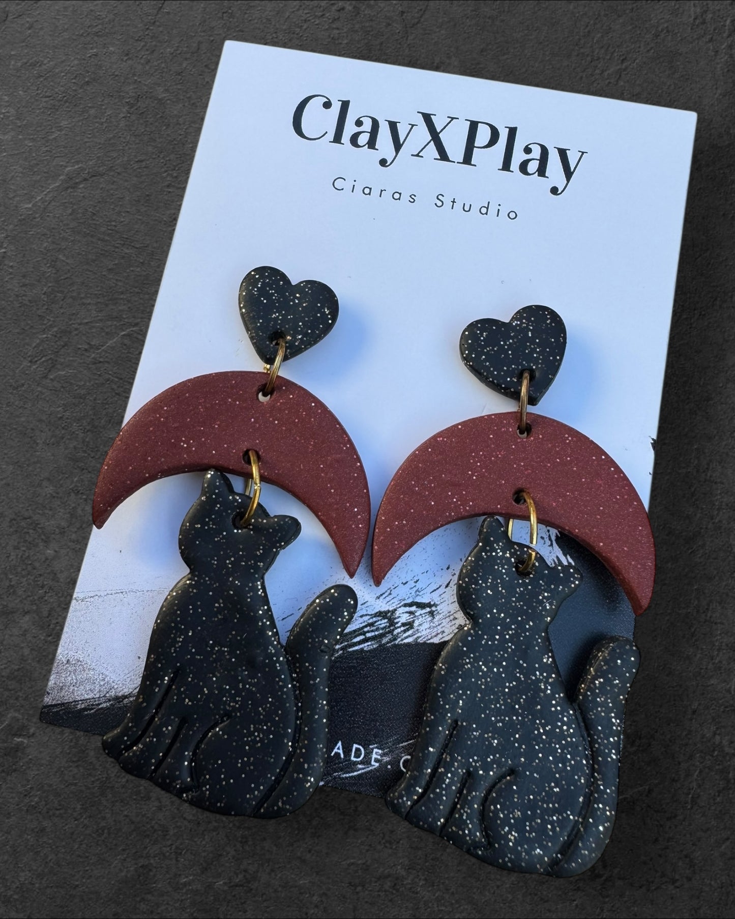 Moon Drop Black Galaxy Cat Polymer Clay Dangle Earrings