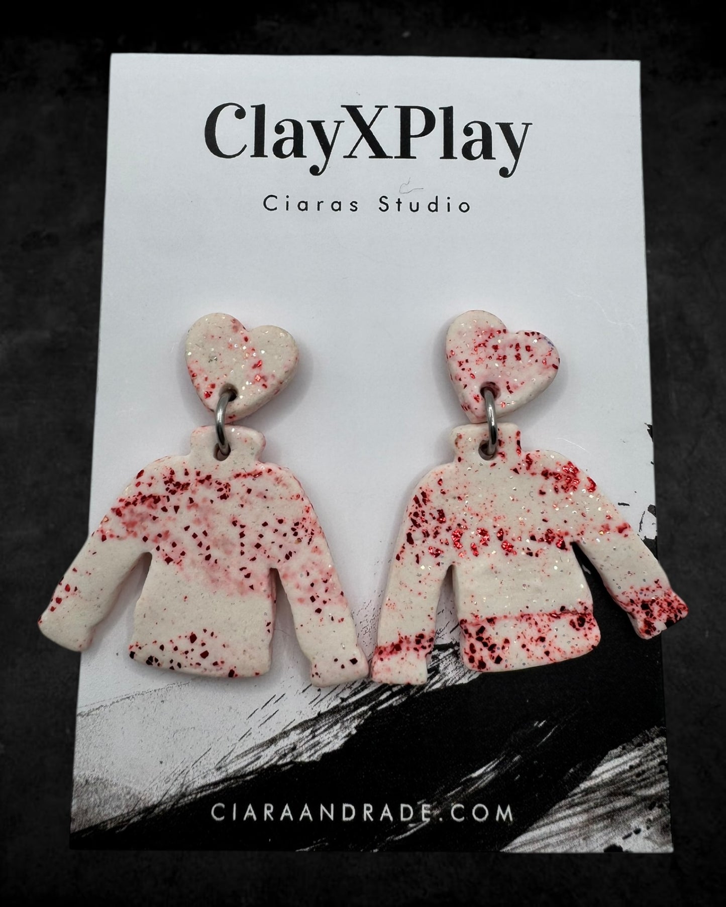 Sweater Weather White & Res Dangle Polymer Clay Earrings Handmade