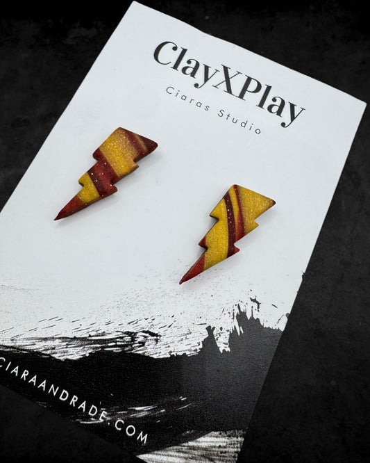 Lightning Bolt Red & Yellow Small Polymer Clay Stud Earrings Handmade