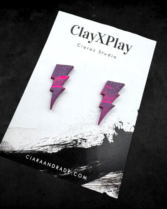 Lightning Bolt Pink & Purple Small Polymer Clay Stud Earrings Handmade