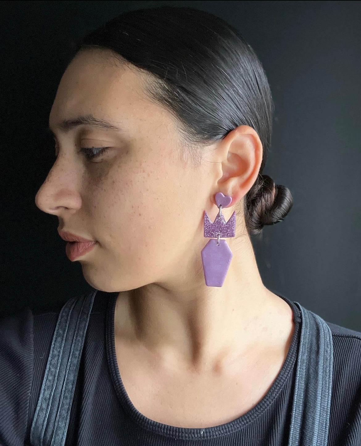 Queen Of The Dead Purple Polymer Clay Heart Coffin Stud Earrings Handmade