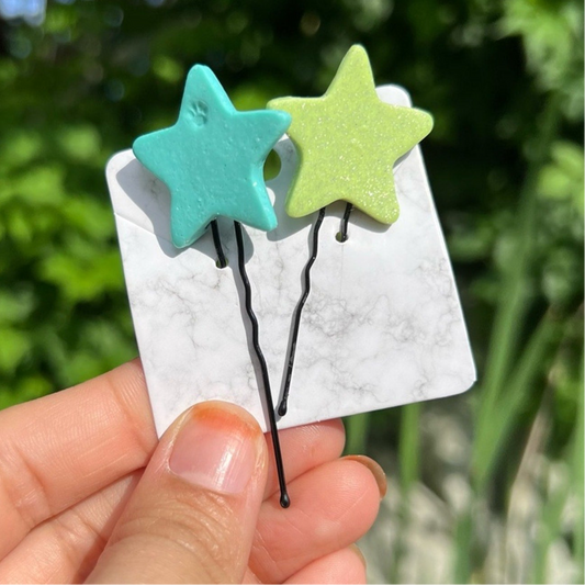 Star Green & Teal Polymer Clay Hair Pins Handmade