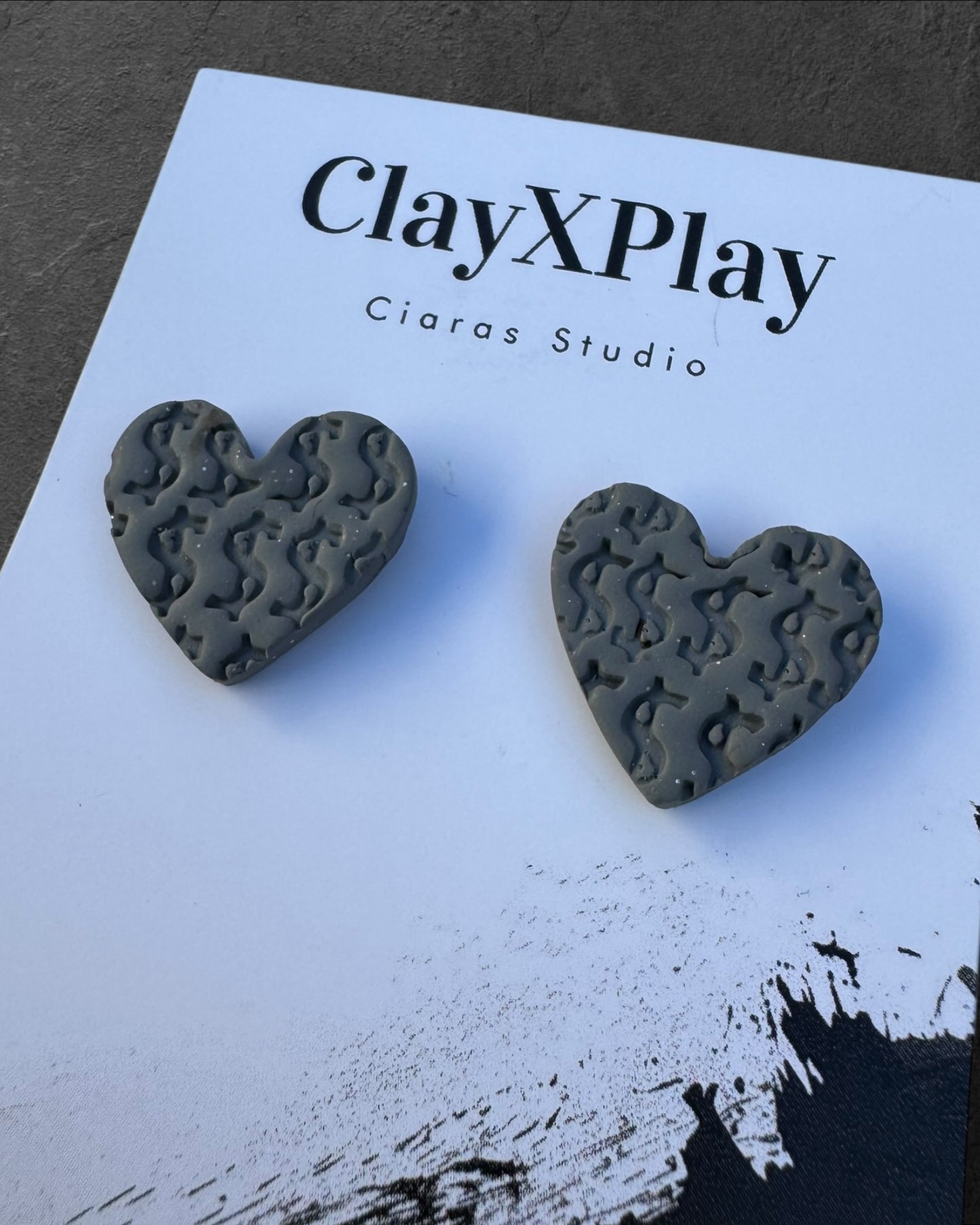 Money Magic Gray Medium Polymer Clay Heart Stud Earrings Handmade