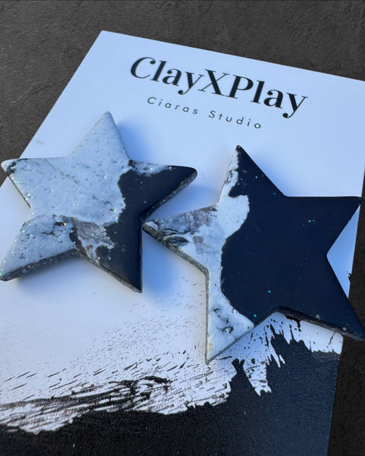 Black & White Marbled Star Polymer Clay XL Stud Earrings Handmade