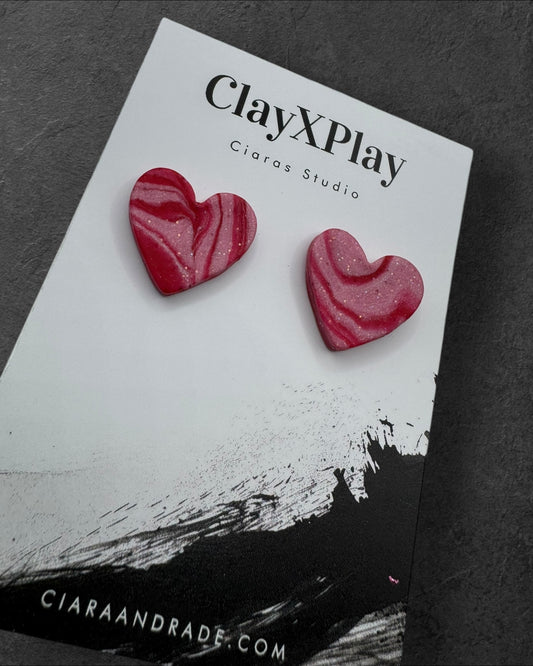 Pink & Red Medium Polymer Clay Heart Studs Handmade