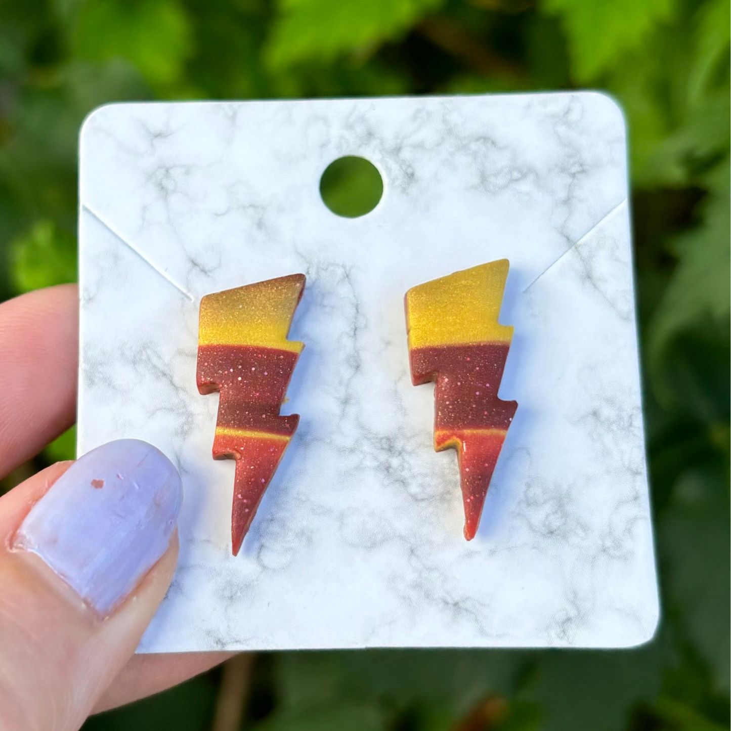 Lightning Bolt Red & Yellow Small Polymer Clay Stud Earrings Handmade