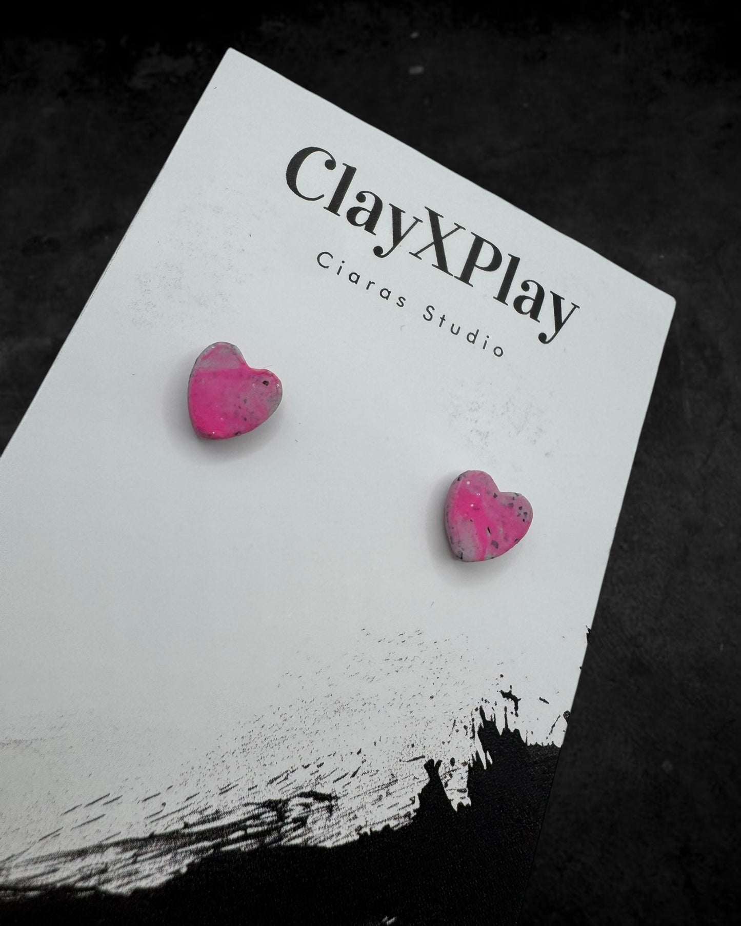 Pink & Gray Mini Heart Polymer Clay Stud Earrings Handmade