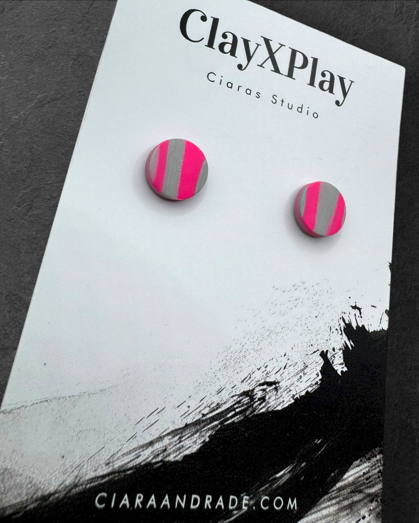 Pink & Gray Mini Round Polymer Clay Stud Earrings Handmade