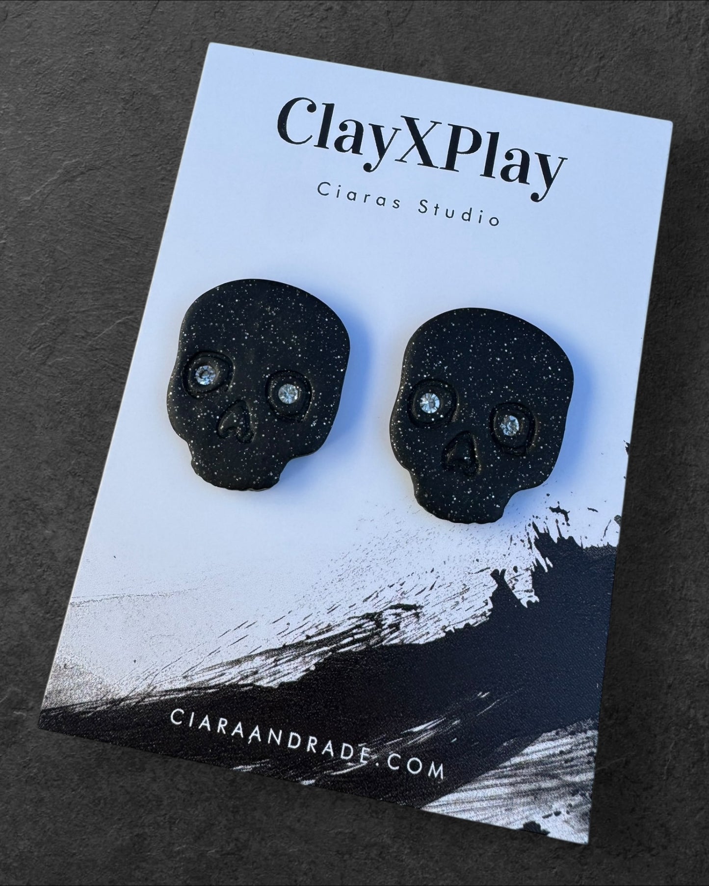 Diamond Eye Skull Black XL Polymer Clay Stud Earrings  Handmade