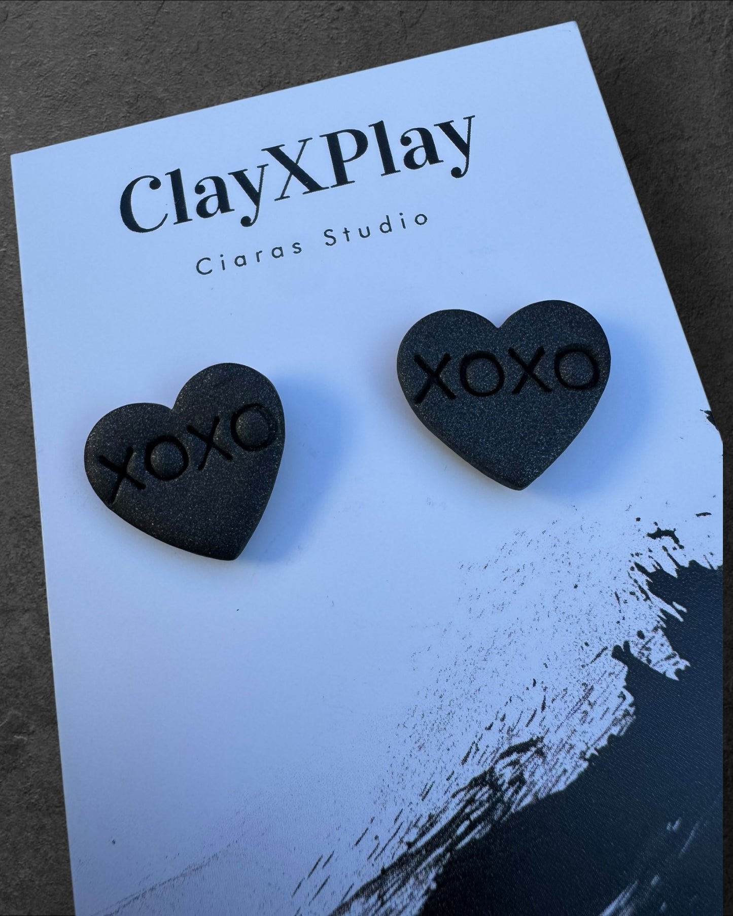 Conversation Heart XOXO Valentine’s Day, Medium Black Polymer Clay Stud Earrings Handmade