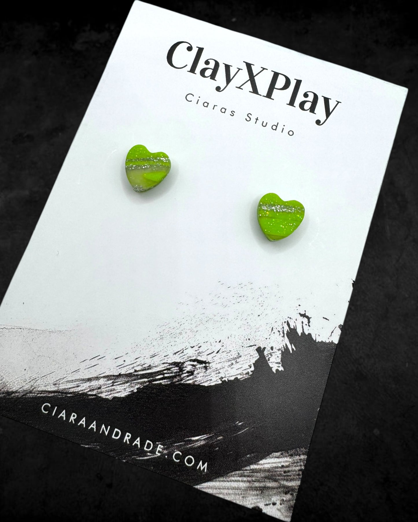 Mini Green & Silver Polymer Clay Heart Studs