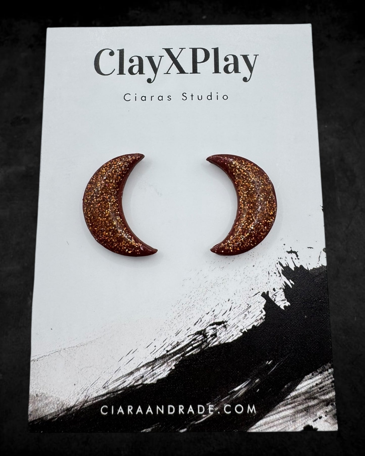 Red Bronze Glitter Moon Polymer Clay Stud Earrings Handmade