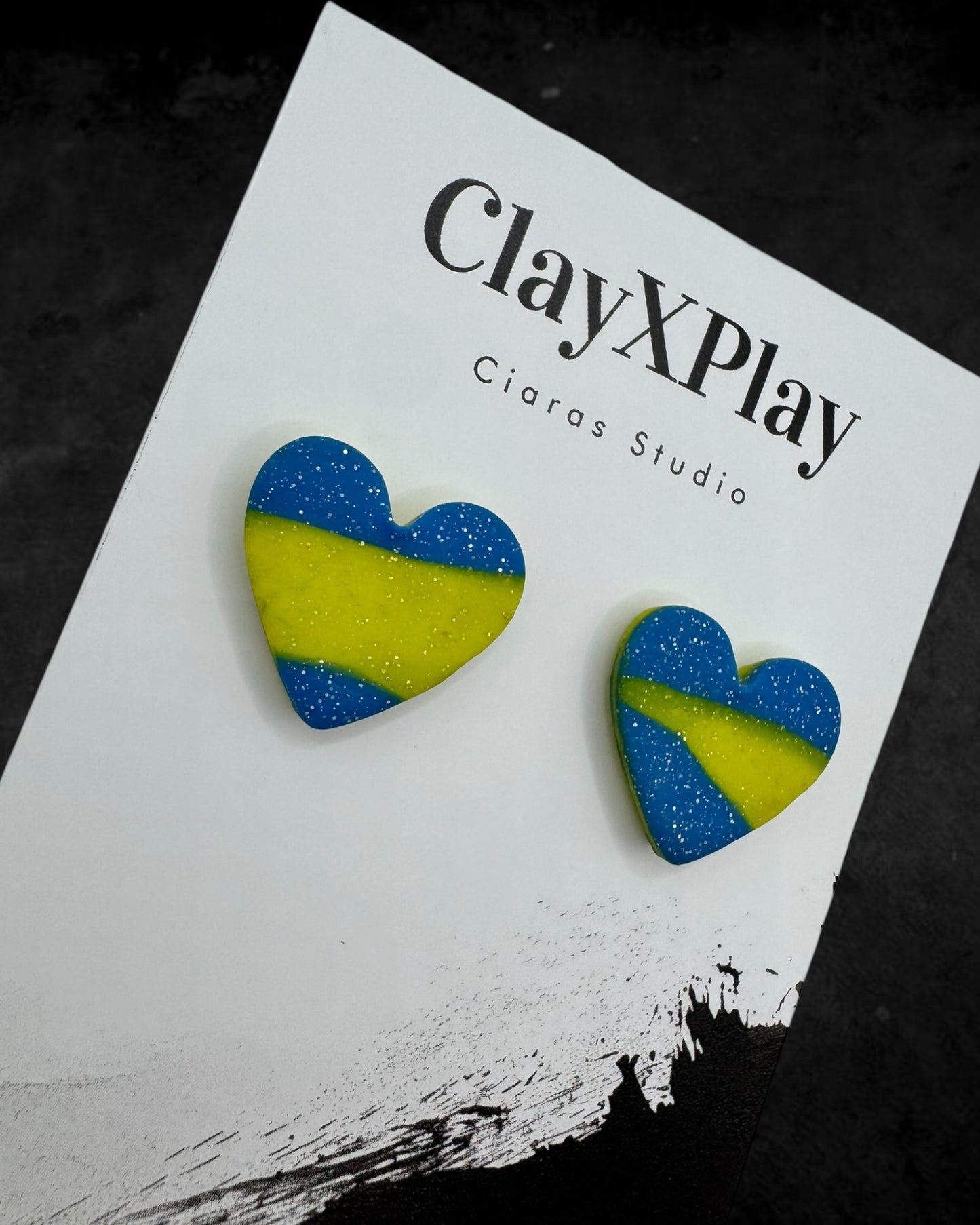 Blue & Yellow Medium Polymer Clay Heart Studs Handmade