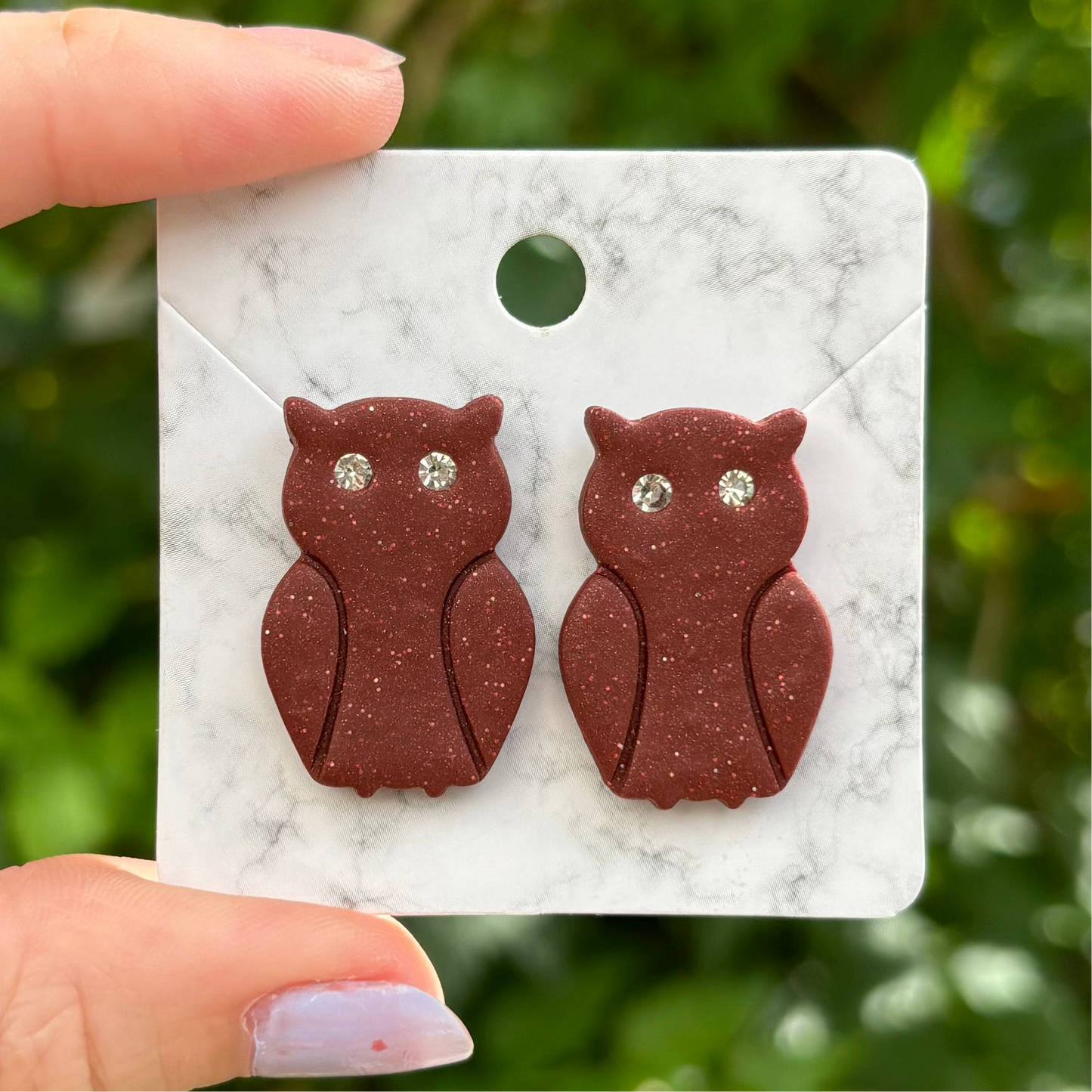 Maroon Owl Medium Polymer Clay Stud Earrings Handmade