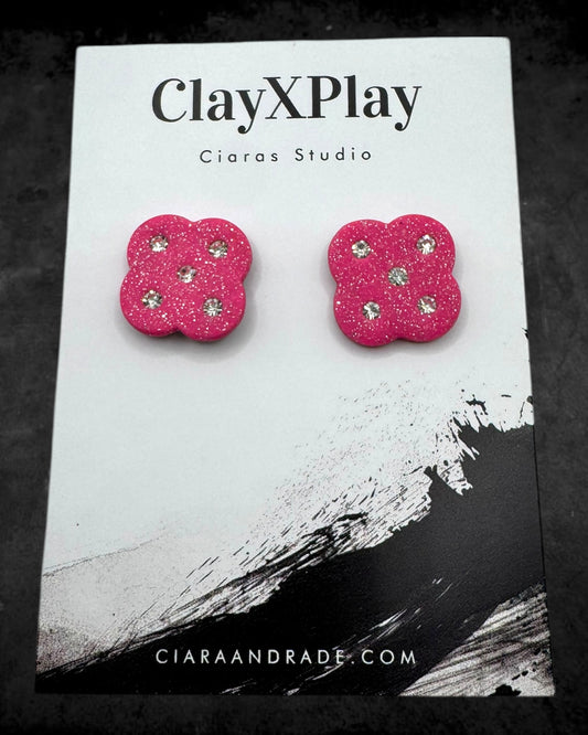 Pink‎ and White Diamond Flower Polymer Clay Stud Earrings Handmade
