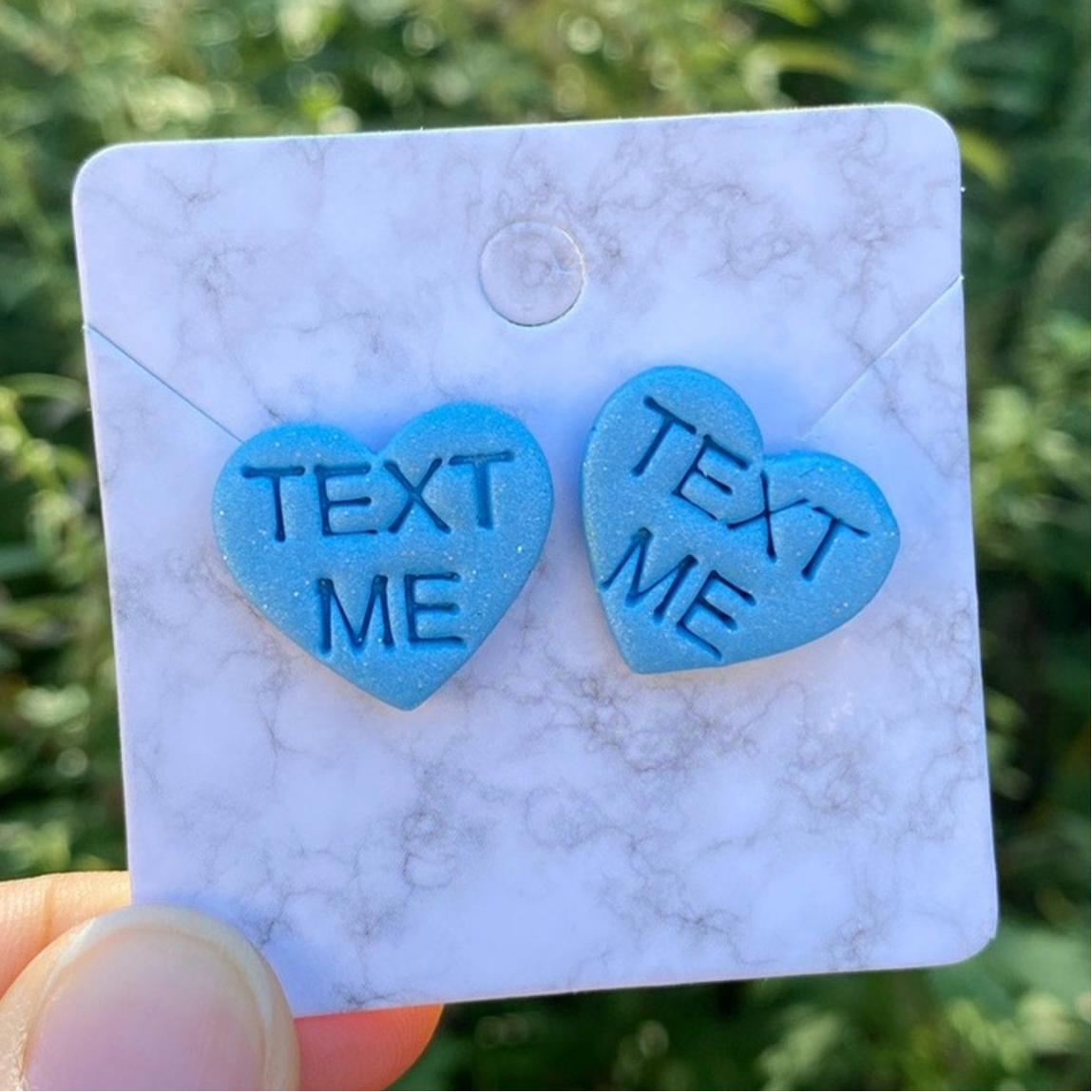 Conversation Heart TEXT ME Valentines Day Medium Blue Polymer Clay Heart Stud Earrings Handmade