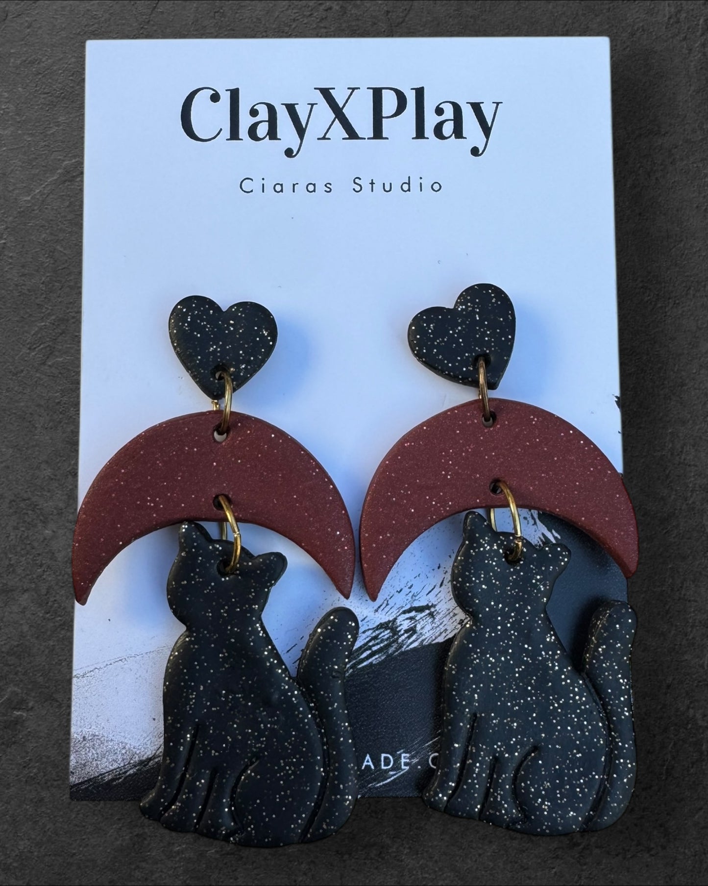Moon Drop Black Galaxy Cat Polymer Clay Dangle Earrings