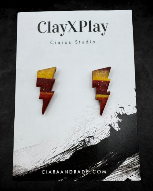 Lightning Bolt Red & Yellow Small Polymer Clay Stud Earrings Handmade