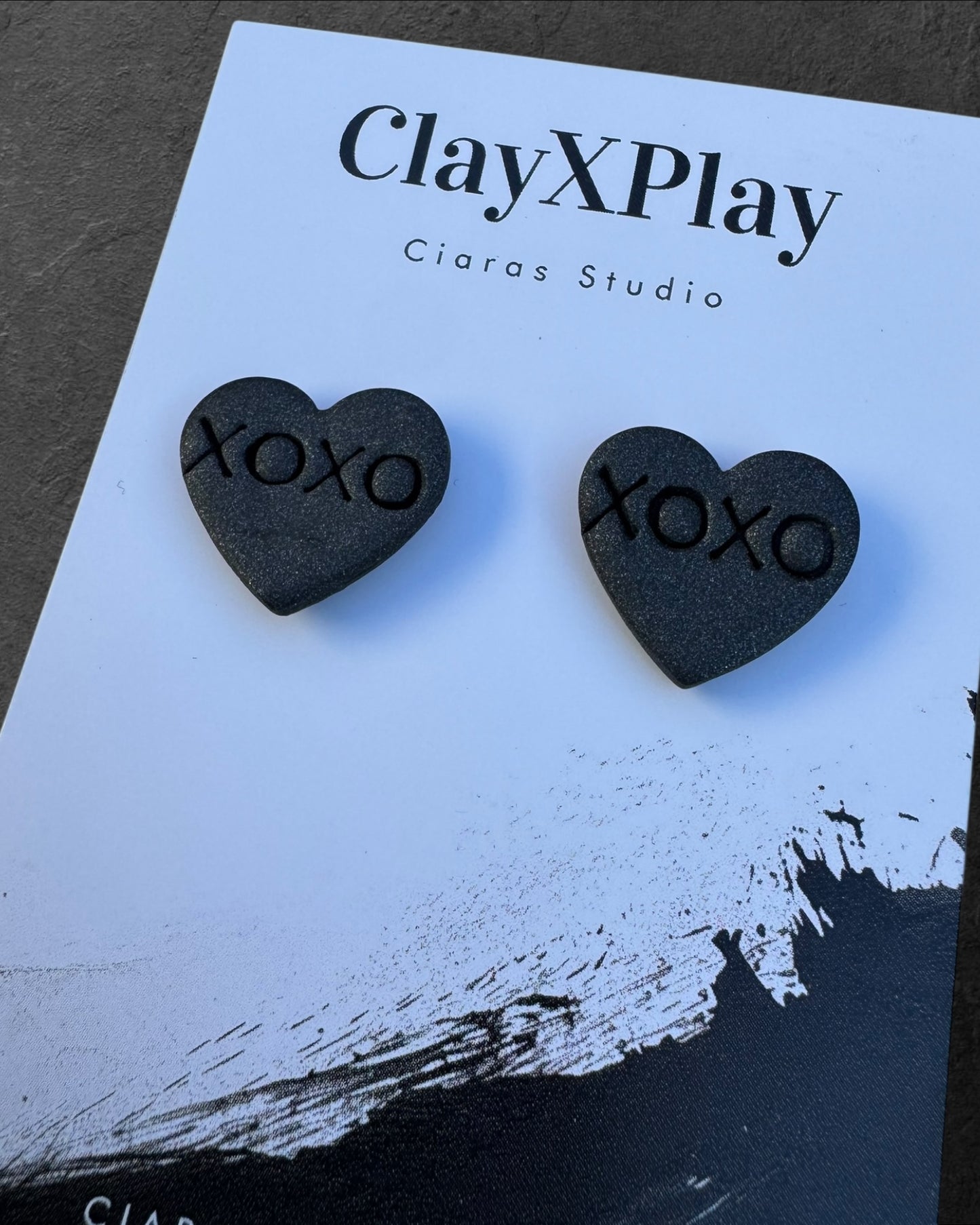 Conversation Heart XOXO Valentine’s Day, Medium Black Polymer Clay Stud Earrings Handmade
