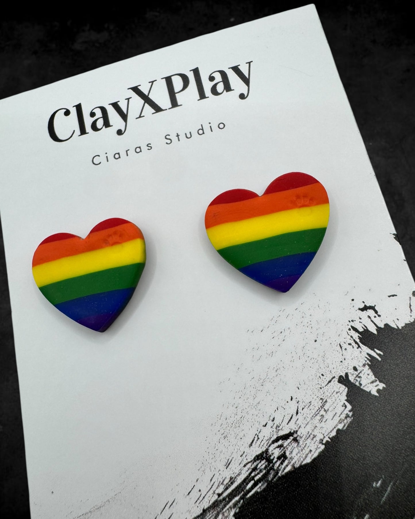 Rainbow Medium Polymer Clay Heart Stud Earrings Handmade