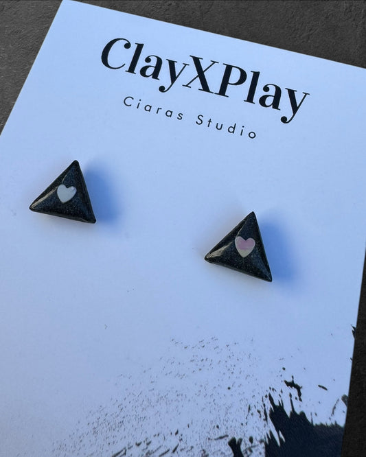 Mini Heart Black Triangle  Polymer Clay Stud Earrings Handmade