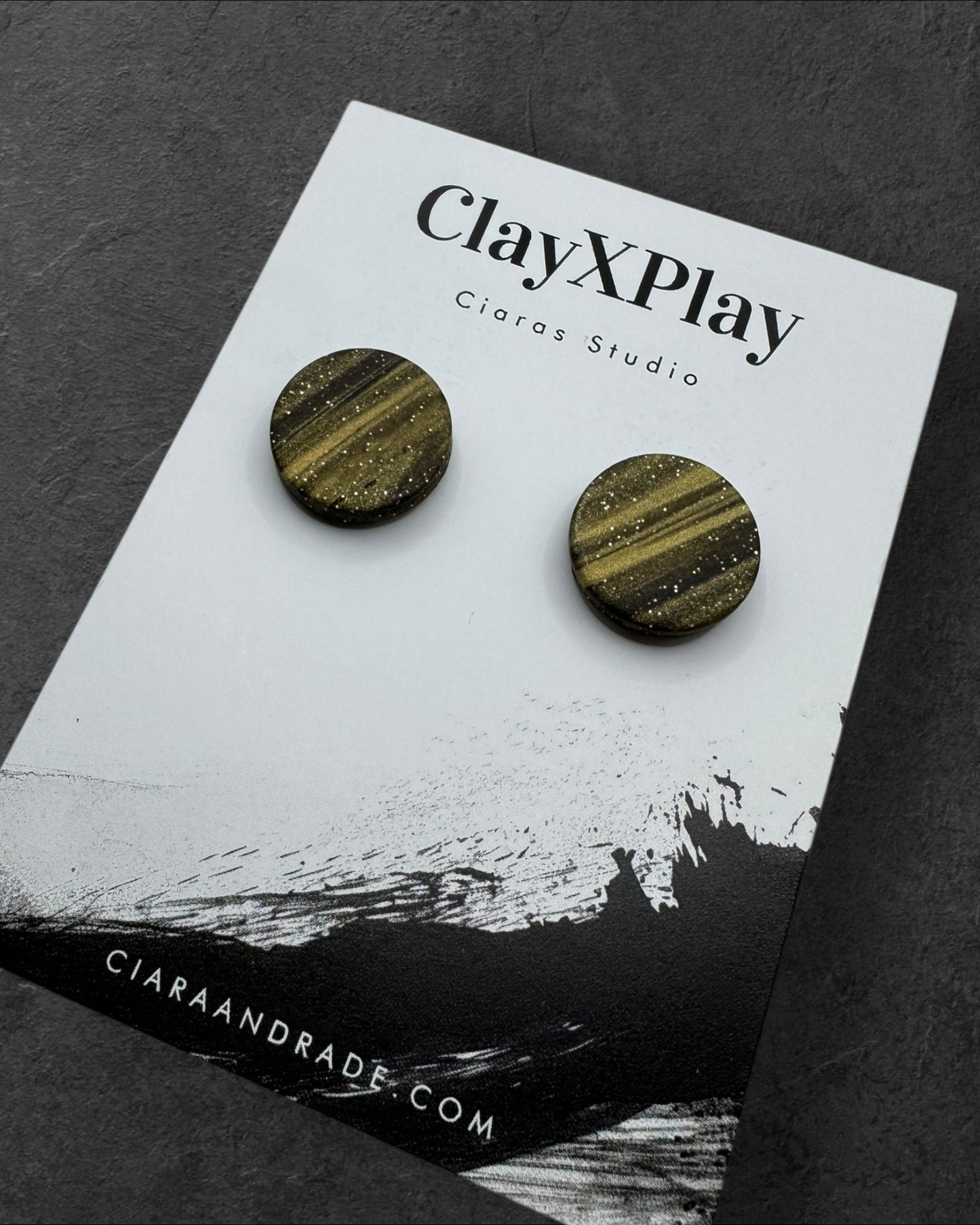 Gold & Black Striped Glitter Medium Polymer Clay Round Stud Earrings