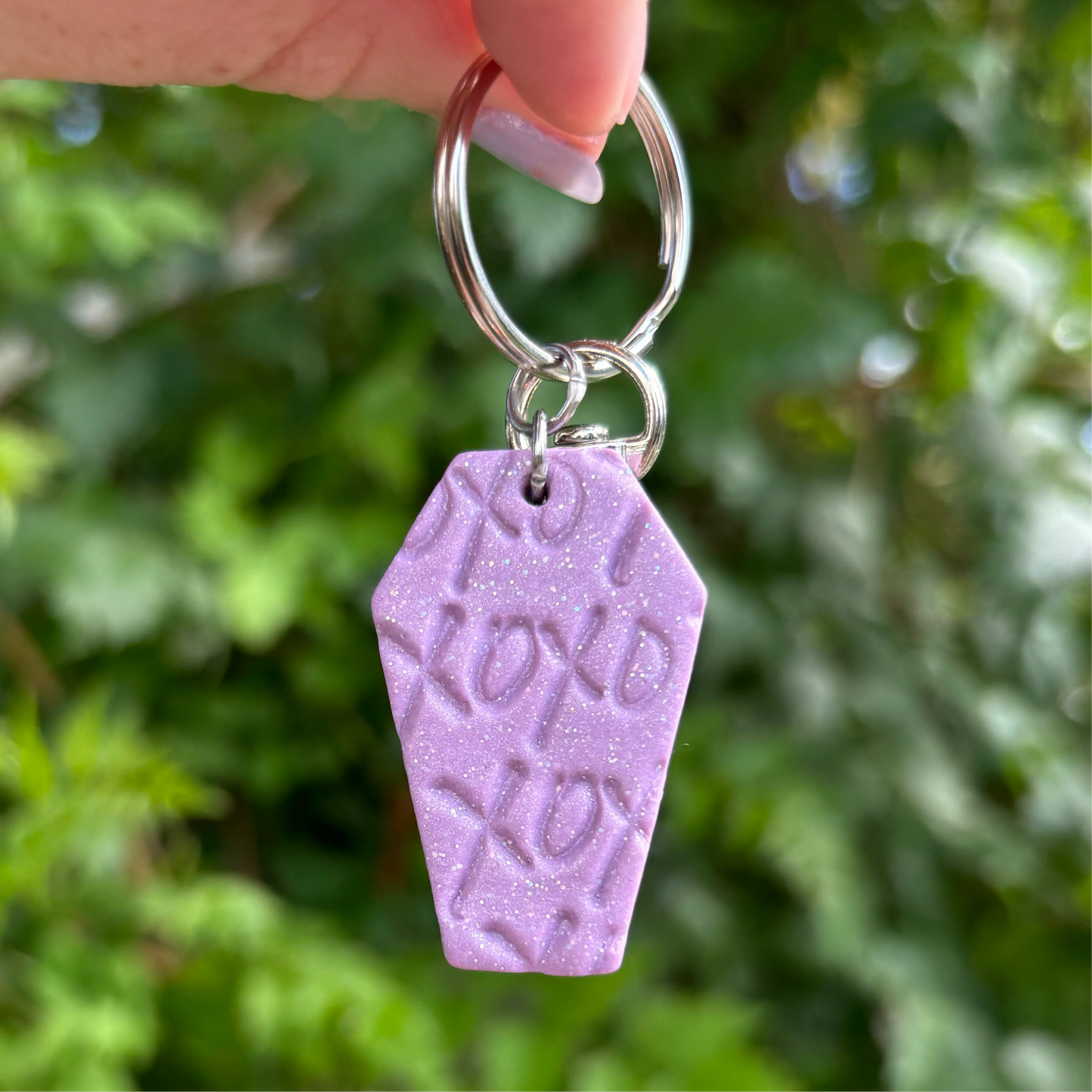 Till Death Do Is Part XOXO Purple Polymer Clay Keychain Handmade