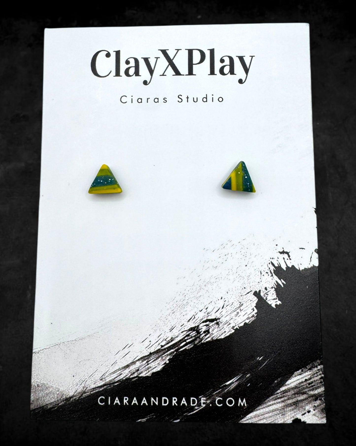 Tiny Triangle Yellow & Blue Polymer Clay Stud Earrings Handmade