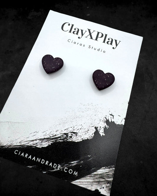 Dark Purple Small Heart Polymer Clay Stud Earrings Handmade