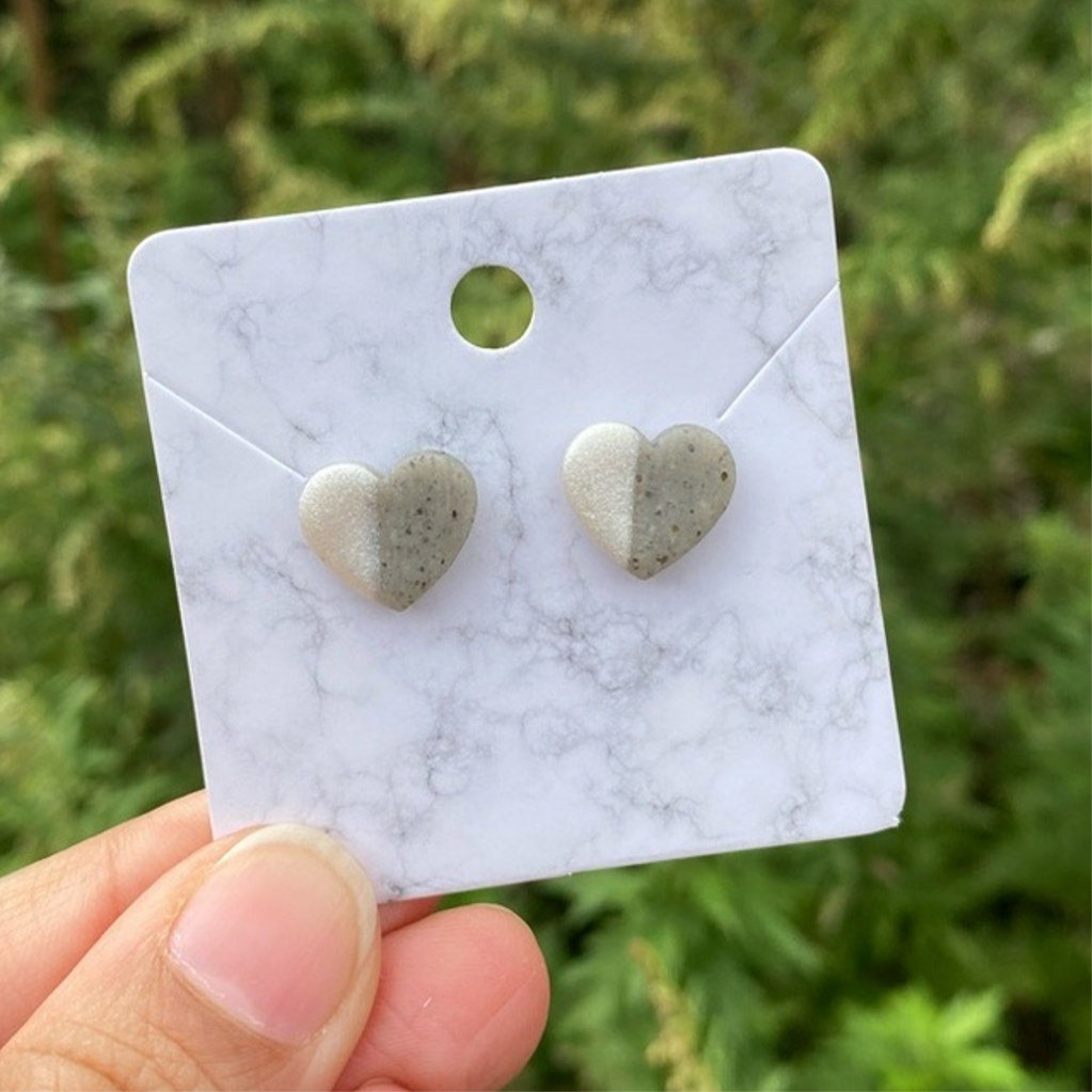 White & Gray Small Heart Polymer Clay Stud Earrings Handmade