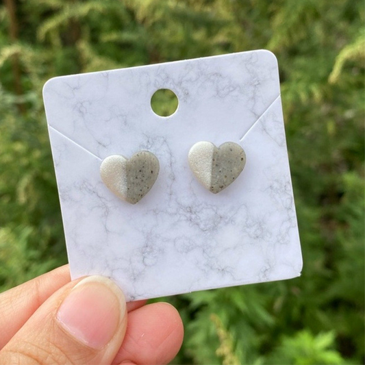 White & Gray Small Heart Polymer Clay Stud Earrings Handmade