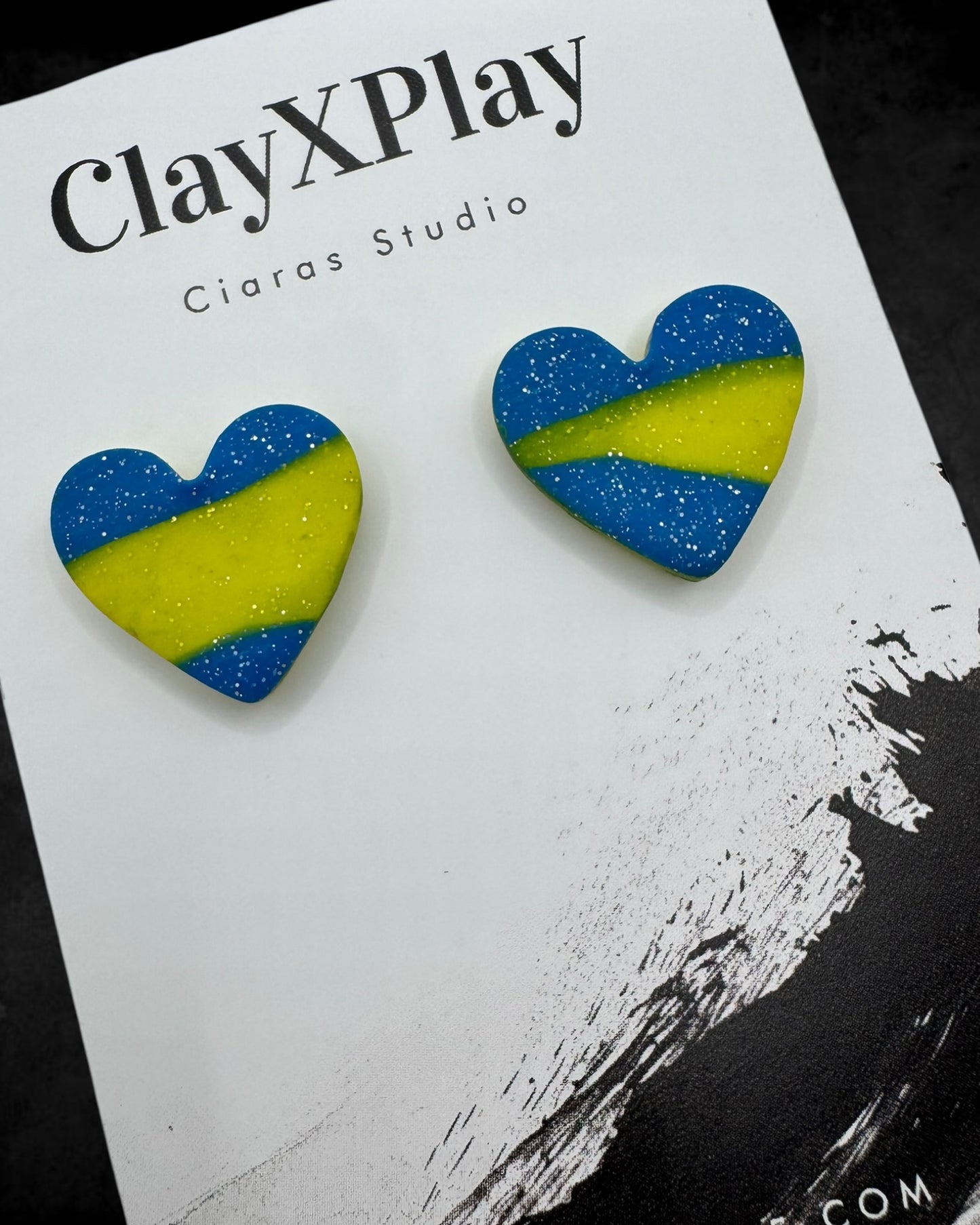 Blue & Yellow Medium Polymer Clay Heart Studs Handmade