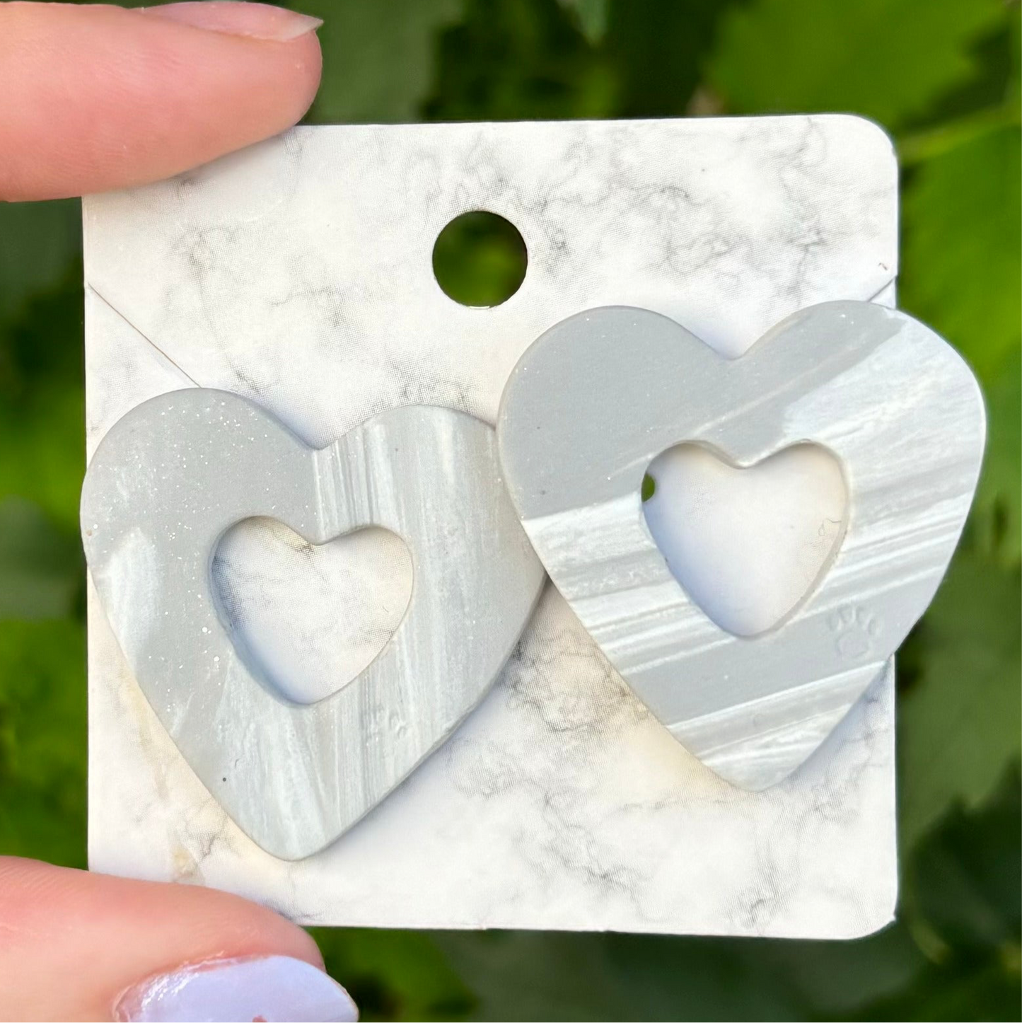 Open Heart Gray & White Marbled Polymer XL Clay Stud Earrings Handmade