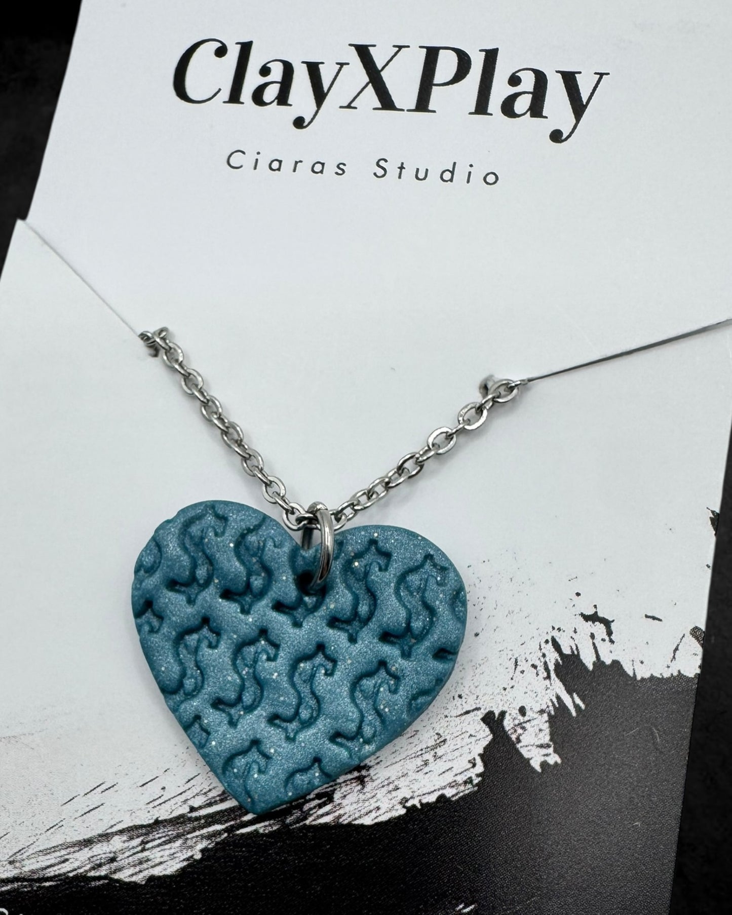 Money Magic Medium Blue Polymer Clay Pendant on Stainless Steel Necklace Handmade
