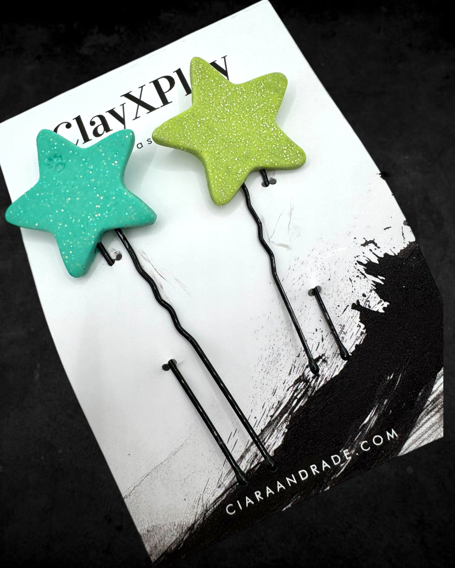 Star Green & Teal Polymer Clay Hair Pins Handmade