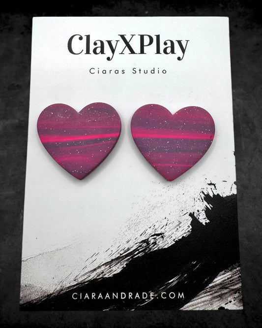 Pink & Purple Polymer Clay Heart Stud Earrings XL Handmade