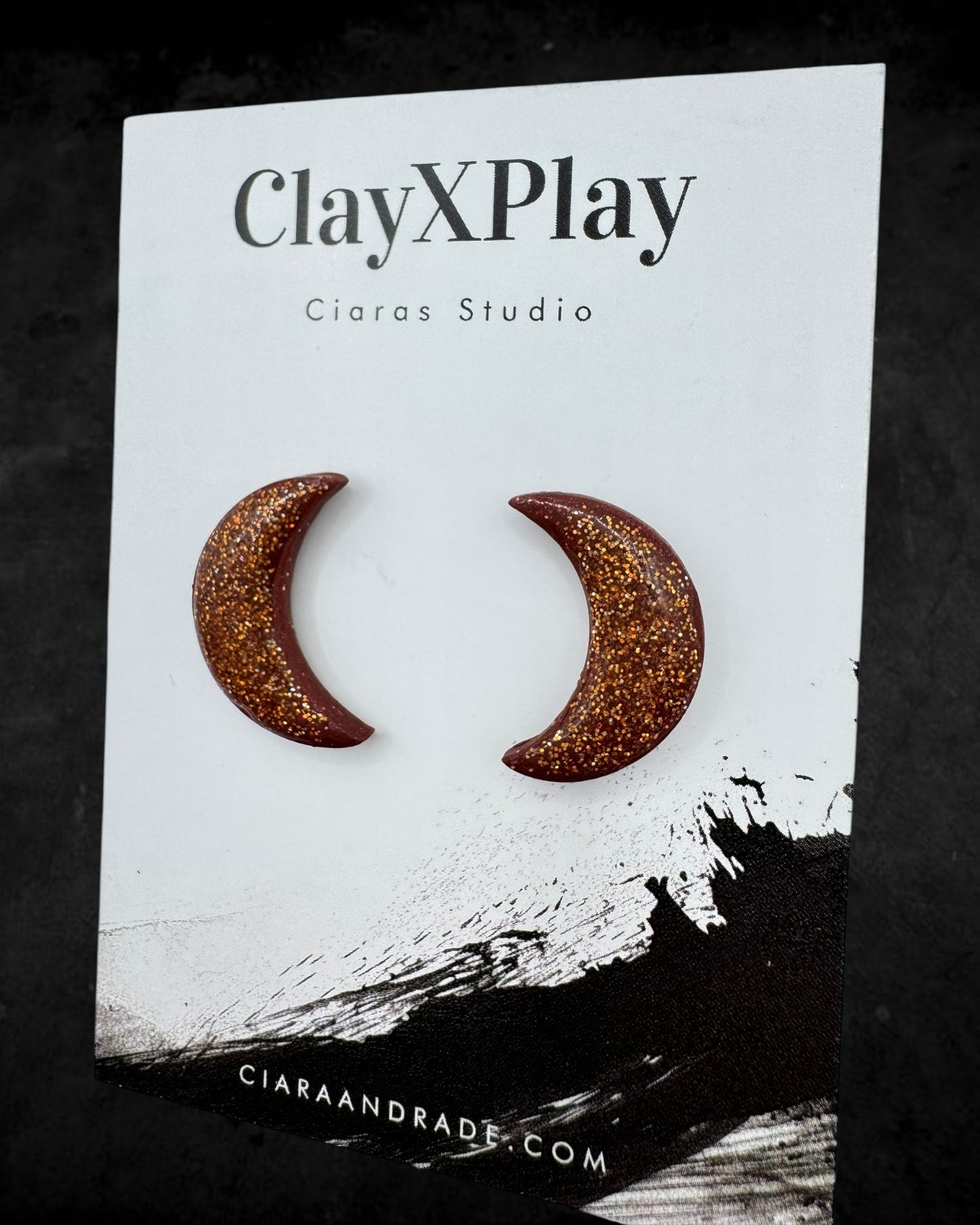Red Bronze Glitter Moon Polymer Clay Stud Earrings Handmade
