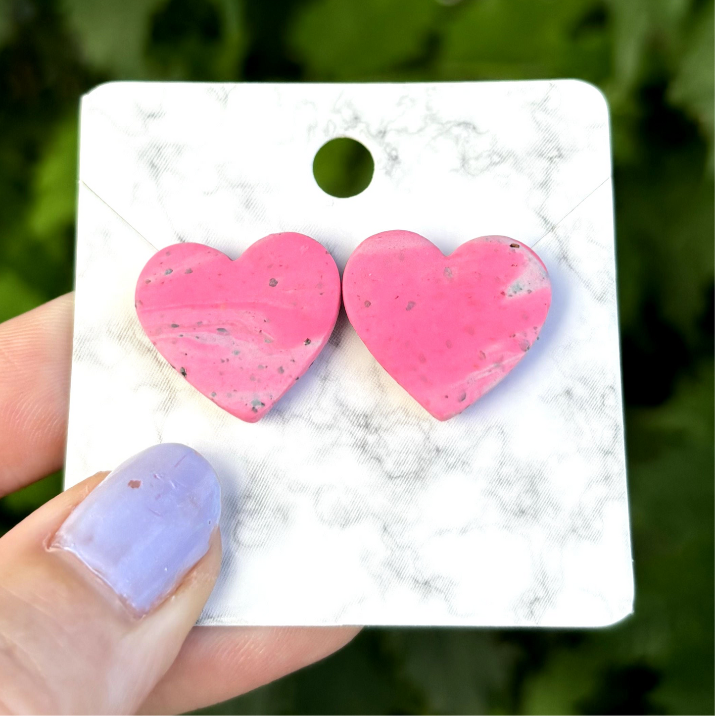 Pink & Gray Medium Polymer Clay Heart Studs Handmade